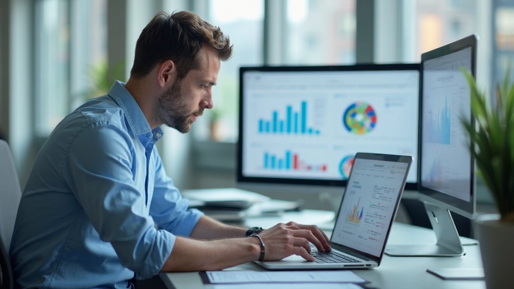 Профессиональный рабочий стол аналитика с графиками данных на экране